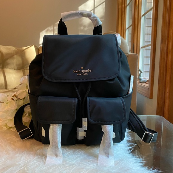 Kate Spade Carley Black Nylon Large Flap Backpack